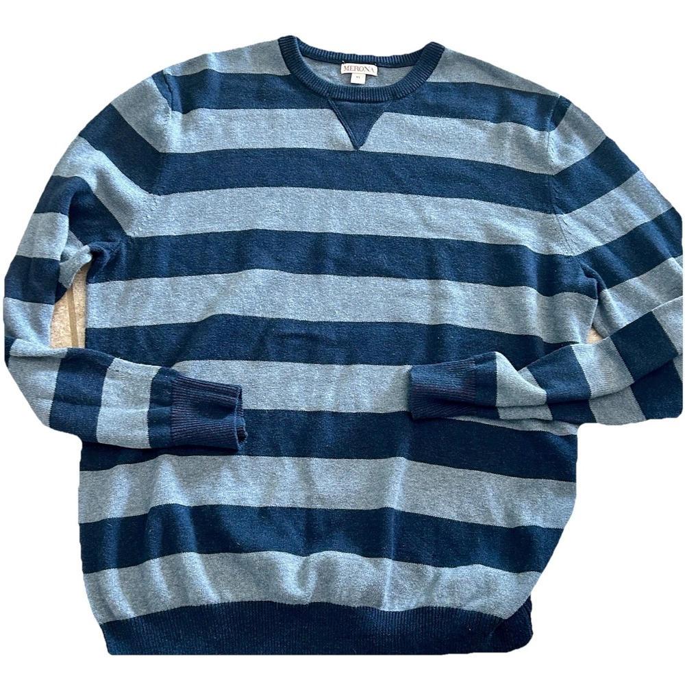 Vintage‎ Merona Rugby Blue Long Sleeve 100% Cotton Sweater Mens XL Rugby Stripe